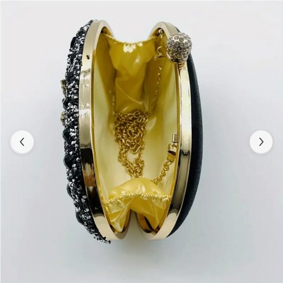 Flower Pattern black Rhinestone gold Metal Chain Handbag evening Clutch 8.2"x 5" - Picture 4 of 9